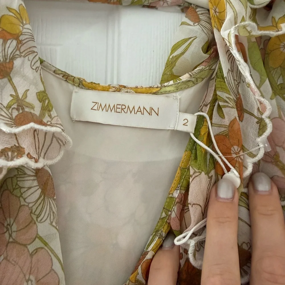 Zimmermann Cream Floral Ruffle Romper with Pink, Mustard, and Sage Accents - Picture 3 of 4